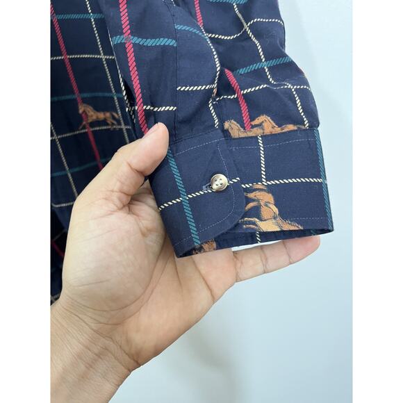 Vtg Equestrian Horses Window Pane Plaid Old Money Luxe Preppy Shirt M Academia - Picture 4 of 11